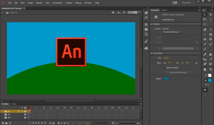 Интерфейс Adobe Animate CC 2020