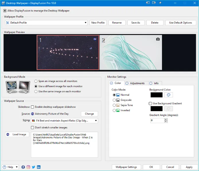 Интерфейс DisplayFusion