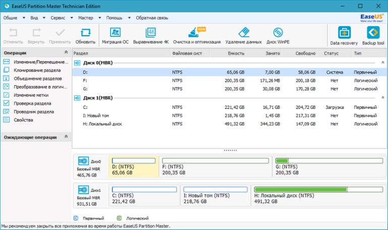 Интерфейс EaseUS Partition Master