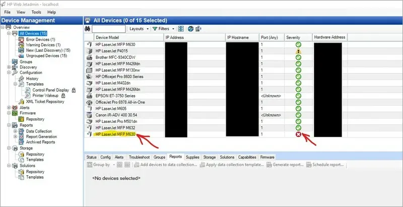 Интерфейс HP Web Jetadmin