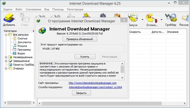 Интерфейс Internet Download Manager