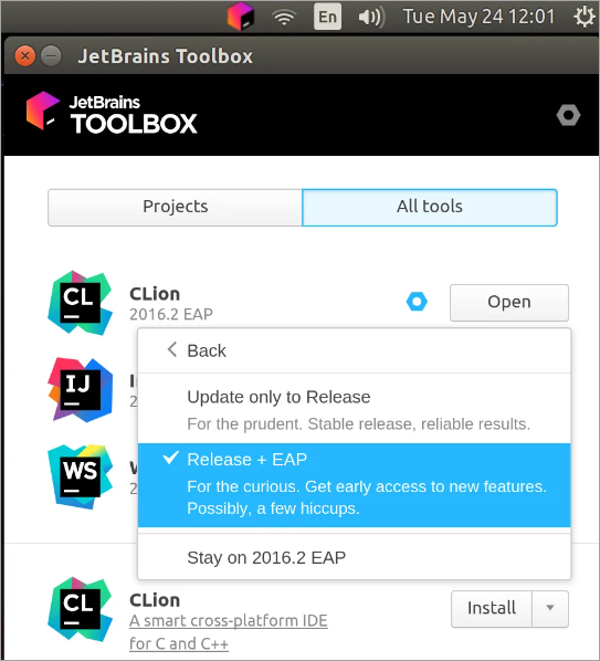 Интерфейс JetBrains Toolbox
