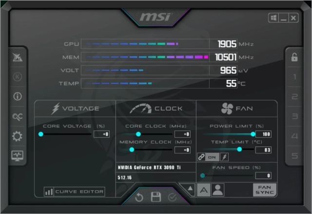 Интерфейс MSI Afterburner
