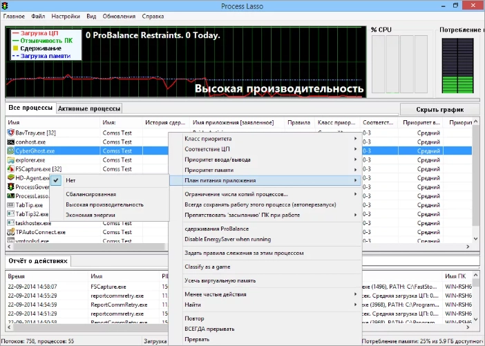 Интерфейс Process Lasso