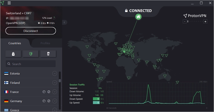 Интерфейс ProtonVPN