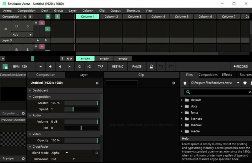 Интерфейс Resolume Arena