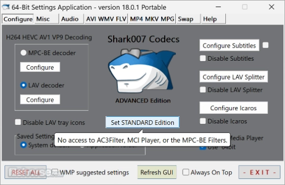Интерфейс Shark007 Codecs