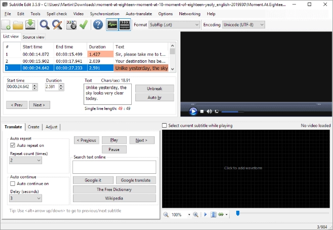 Интерфейс Subtitle Edit