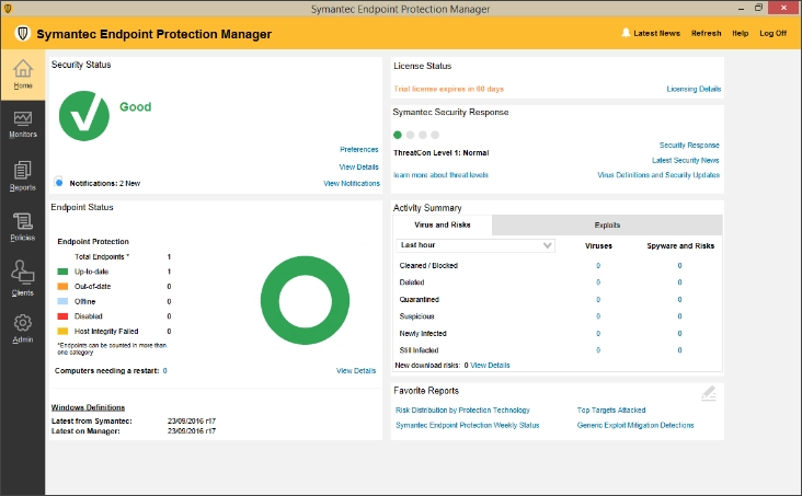 Интерфейс Symantec Endpoint Protection