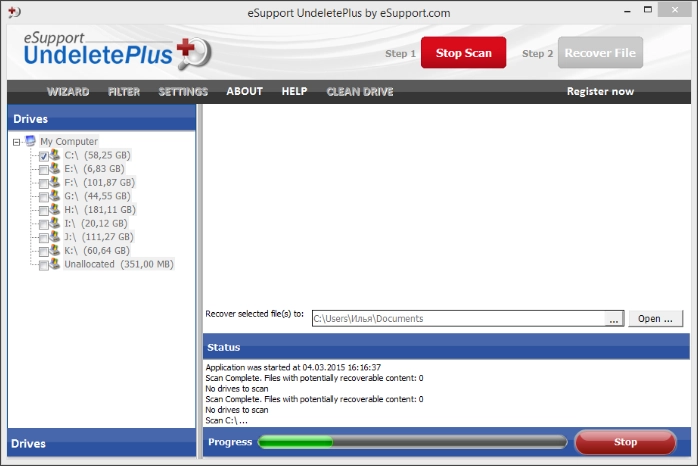 Интерфейс Undelete Plus