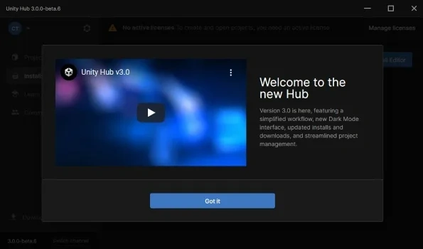 Интерфейс Unity Hub